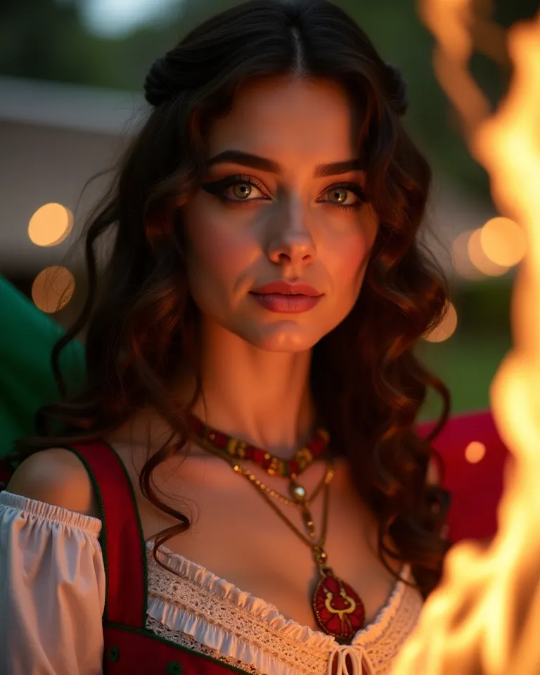 Beautiful woman with dark brown long hair with curls, light green eyes,  makeup with black eyeliner, pledges , the woman's clothes should be a Bulgarian folk costume,fire around the woman, Woman holding the flag of Bulgaria 