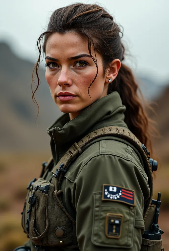 A beautiful female soilder with firm expression and brown hairs and hazel eyes and tan skin