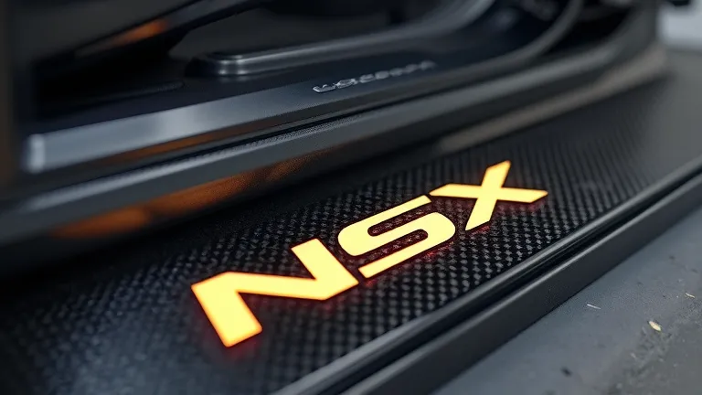 A hyper-detailed image of the door sill of the 2025 Honda NSX, with an illuminated "NSX" logo embedded in carbon fiber, shot in ultra-HD inside a luxury garage.  
