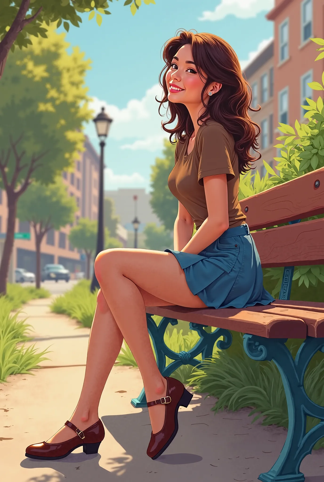 Tip: A very lovely Asian American woman being happy alone on a park bench in Downtown San Diego in the sun… The illustration is a high definition illustration with 4k resolution., with highly detailed facial features and cartoon style visuals, brown shirt,...