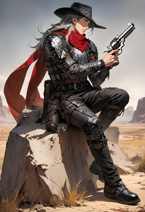 One adult Male, Black and Grey mid long hair, green Eyes, studded Leather armor with belts, black pants, red scarf, long red Muffler, black Western Hat , Holding a Modern silver Revolver, holding a tactical shield, Full Body view, prairie background, sitti...