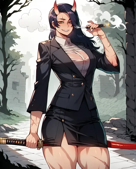 beautiful woman, pretty face, suit, katana, modern samurai, woman, long hair, coat, smoking, young, muscular, smile, wielding japanese sword, ruins, dark stone walls, swamp vibe, main character energy, detailed face, high quality, beautiful woman, pretty f...