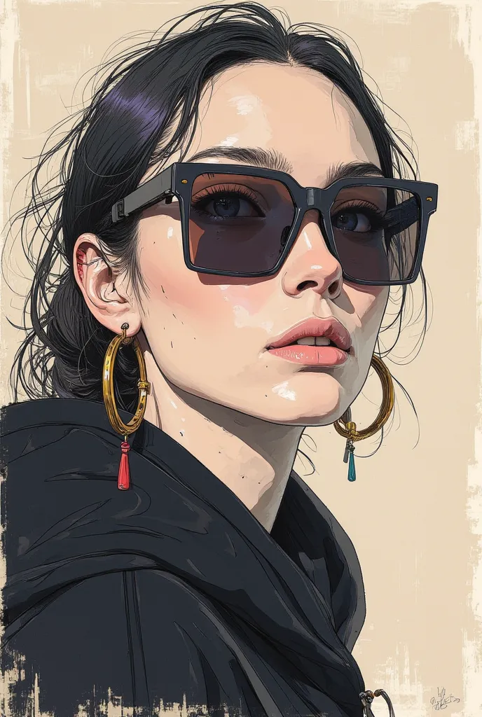 An artistic sketch of a modern sunglasses, beautiful woman, medium dark hair, big earings, black hoody, street style. The portrait features a mix of minimalistic linework and painterly strokes in soft, muted tones of beige, gray, lavender, and hints of red...