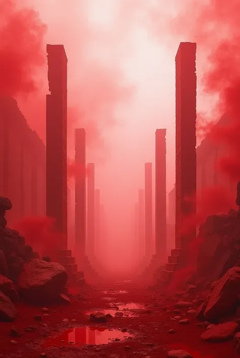 Interfestations of watercolors form destroyed ancient buildings.. There was a red fog everywhere, there were white columns coming out of the ground and disappearing in the sky. The image is bloody red and the fog is red covering most of the image