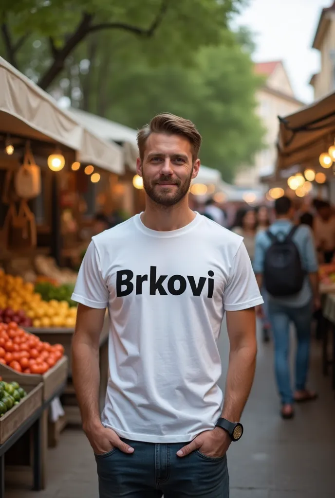 man with a “brkovi” t shirt standing in a farmers market