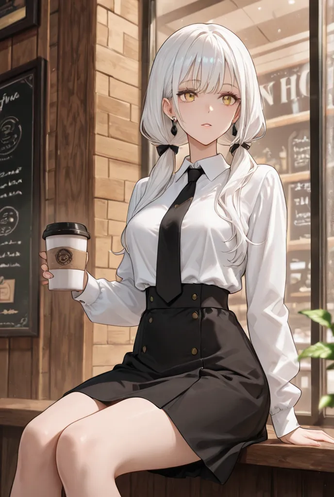 tall anime-style woman. Yellow eyes, long white hair, Taken in two pigtails. Wearing a white blouse and a short skirt to the black waist. Wears small earrings and a black tie. sitting in a coffee shop and drinking coffee