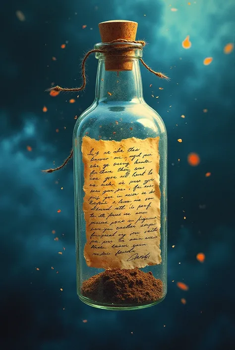 Create an abstract, emotional representation inspired by Levi the Poet's song 'Correspondence'. Visualize a fragmented, handwritten letter in a bottle floating through a stormy sky, with vivid, swirling colors symbolizing raw emotion and turmoil. The scene...