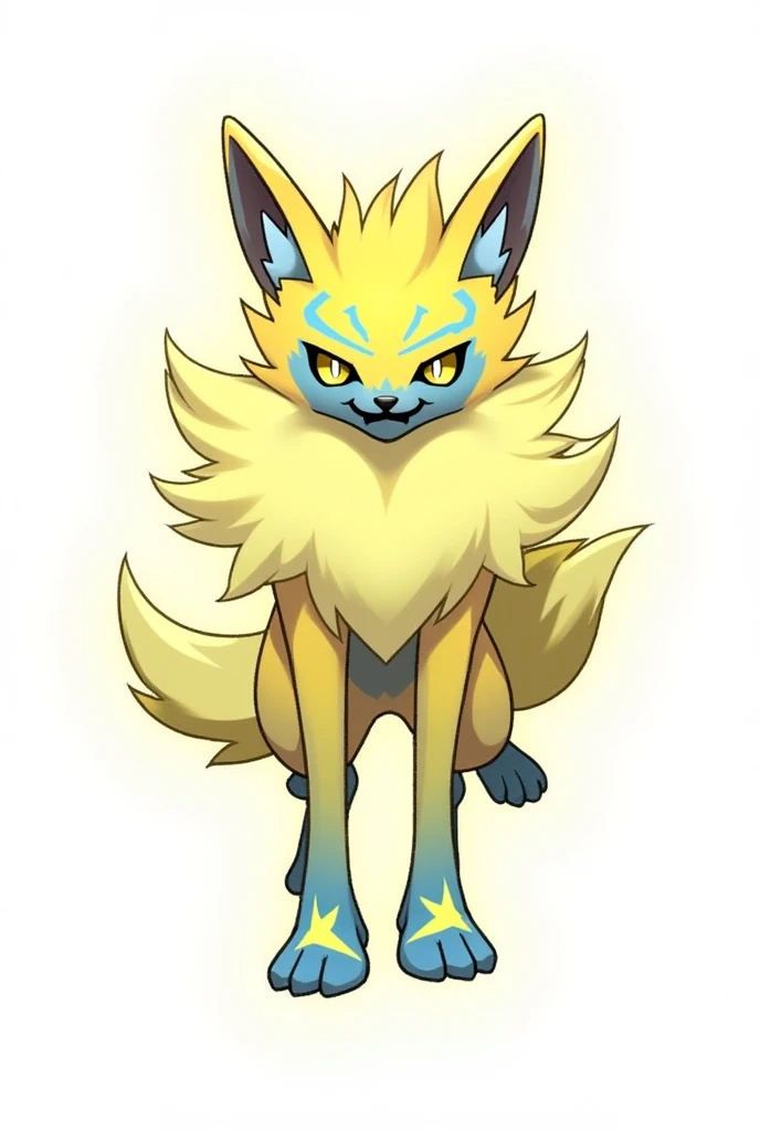 Create for me a Pokemon from the Pokemon series on a white background: 

Evolved Stage: Thunderbite** (Evolves from Voltpup at **Lv. 30 during a thunderstorm** or with a **Thunder Stone**)  
**Type:** Electric/Dark  
**Classification:** Storm Hound  
**Hei...