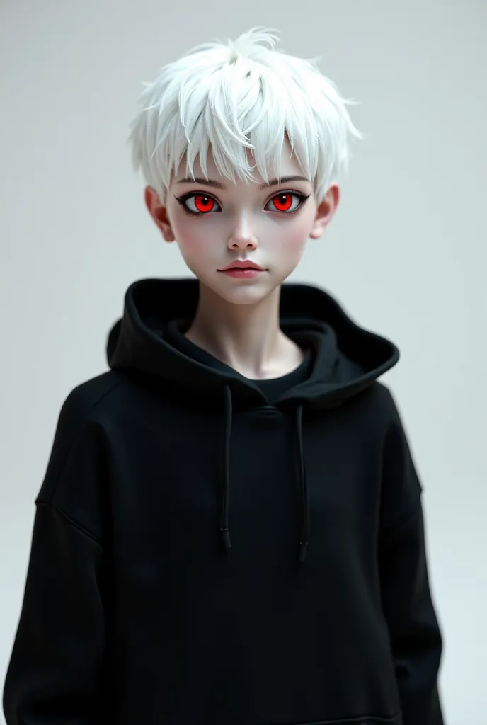 Create a 3d character with white hair, red eyes and the black sweatshirt