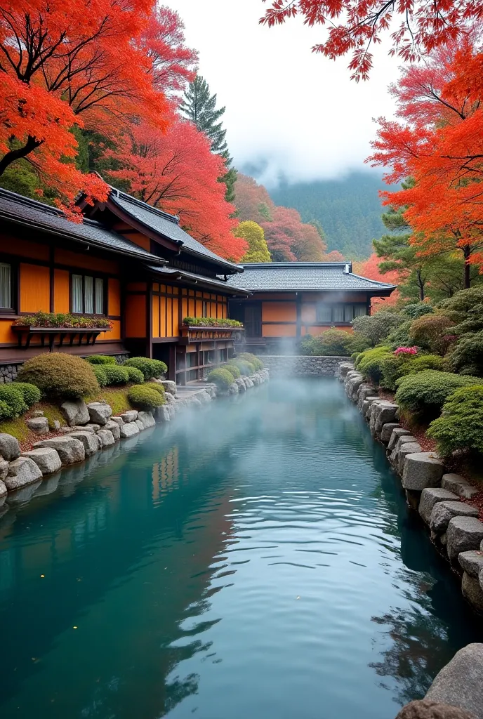 "A peaceful Japanese ryokan (traditional inn) set in the mountains, featuring an open-air onsen (hot spring) with steam rising gently. The wooden architecture blends harmoniously with the surrounding maple trees, which display vibrant autumn colors. A sens...