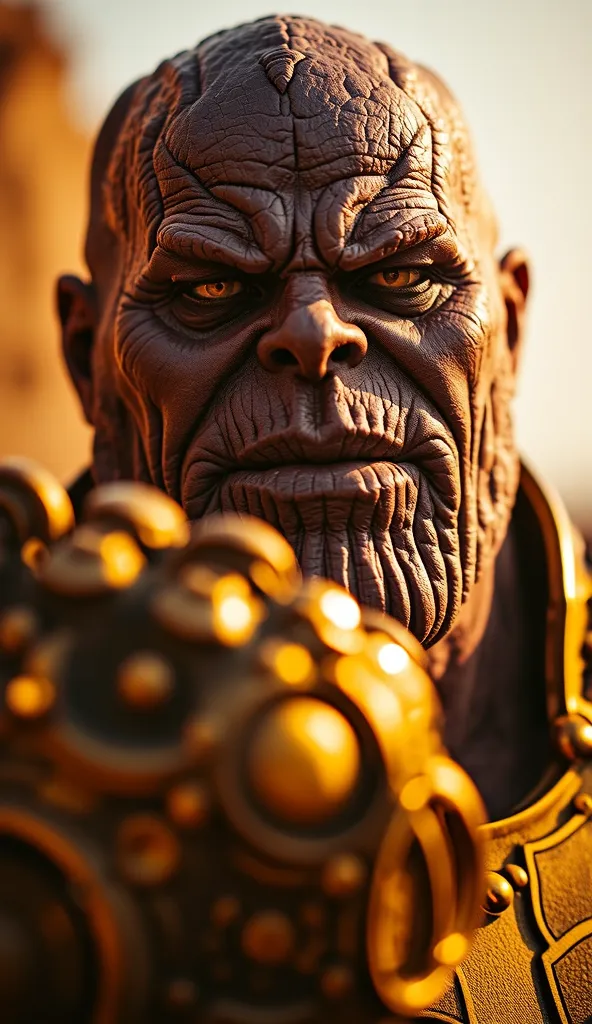 Detailed close-up of Thanos' face, sweating under the bright sun. His eyes shine with determination as he raises his hand, ready to snap your fingers. Sunlight reflects on the Infinity Gauntlet, highlighting the Infinity Jewelry. The heat seems almost palp...