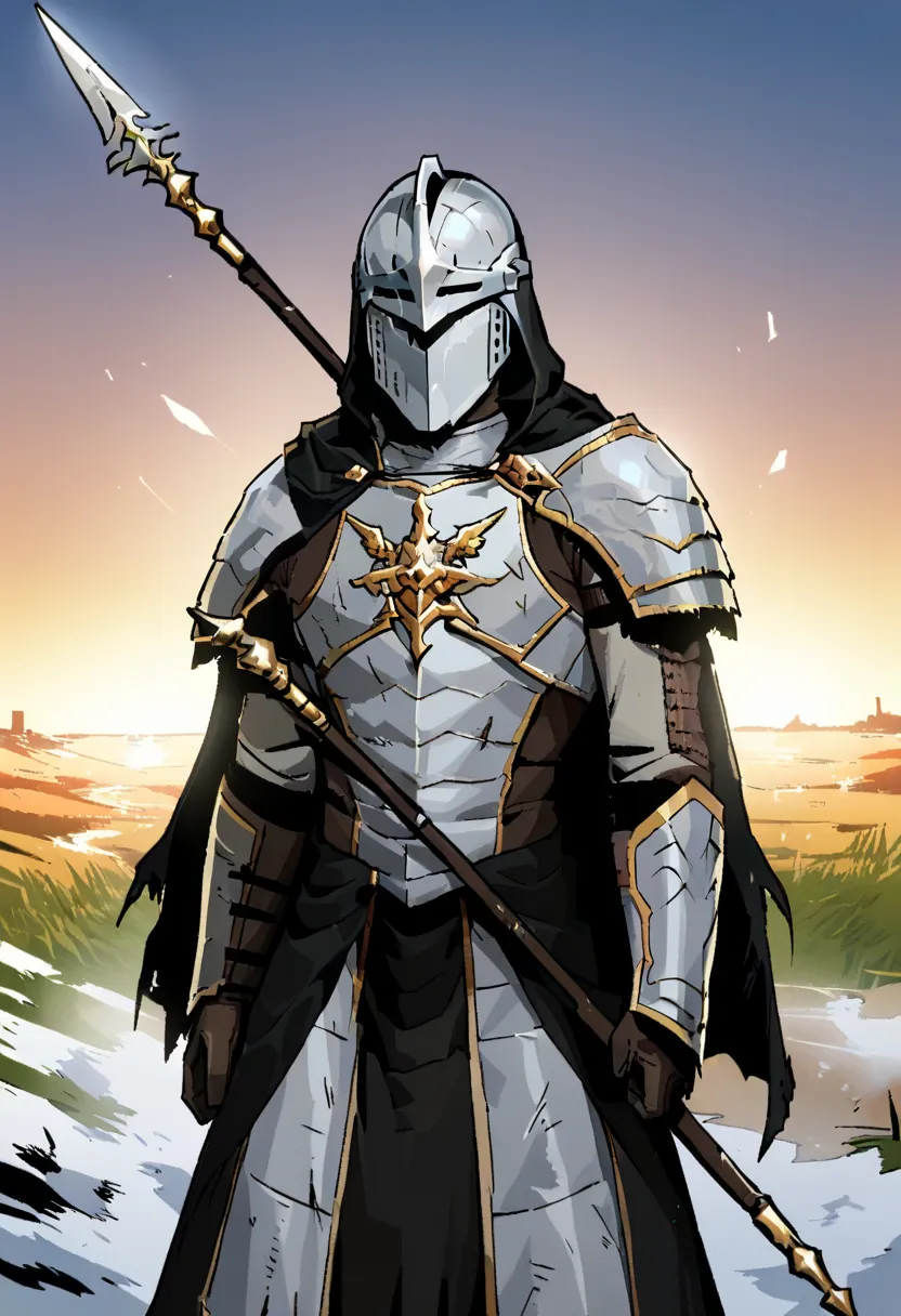 score_9 BREAK gogalking style,1knight, 1male, solo, golden metal knight armor, clad in resplendent armor that gleams like the sun, a full helmet shaped like the head of a lion, a flowing royal cape trailing behind him, holding a spear, knight, warrior, sol...