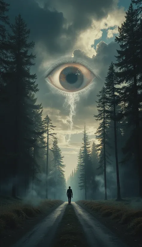 Surreal forest road, giant eye in sky, silhouette figure, dark atmosphere, cosmic horror, photorealistic, cinematic lighting, ominous mood, deep shadows, misty forest, eerie glow, dreamlike landscape, digital art, high contrast, detailed textures, apocalyp...