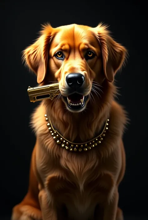 

### **Concept: "Golden Retriever with Golden Pistol"**  

#### **Subject:**  
A **majestic Golden Retriever** with a powerful and intense expression. Its fur is a rich, golden hue, glowing subtly under the dramatic lighting. The dog's eyes are fierce, al...