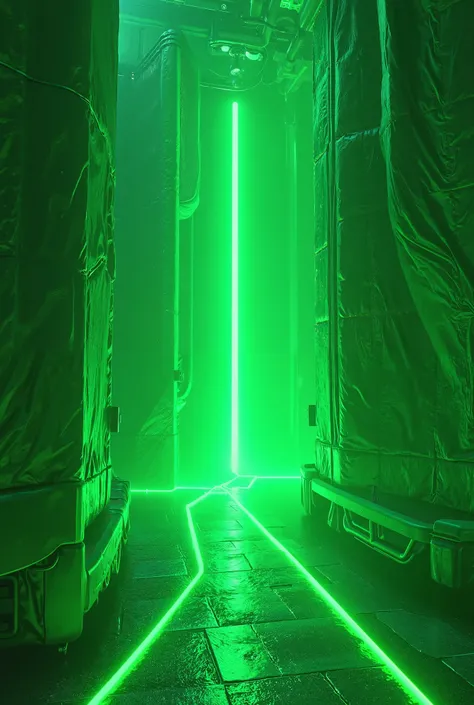 Background: green lighting, industrial fabric with neon lights and bright green lasers.