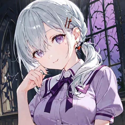 silver hair and purple eyes、girl、medium breasts, braided side ponytail、Gal-like、Wearing cute earrings、cute purple school uniform、Add highlights around the eyes、Cute hairpin、The whole body is visible、School at night, vampire, nightshade academy