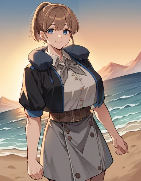  score_9,  score_8_up,  score_7_up,  source_anime, Brave, Blue Eyes,  short hair, brown eyes, ponytail,  o, big breasts,  hair tie , Black Jacket,   colored jacket , cropped jacket, grey dress, miniskirt, neck Pillow,  Open clothes, open jacket, Pillow, sh...