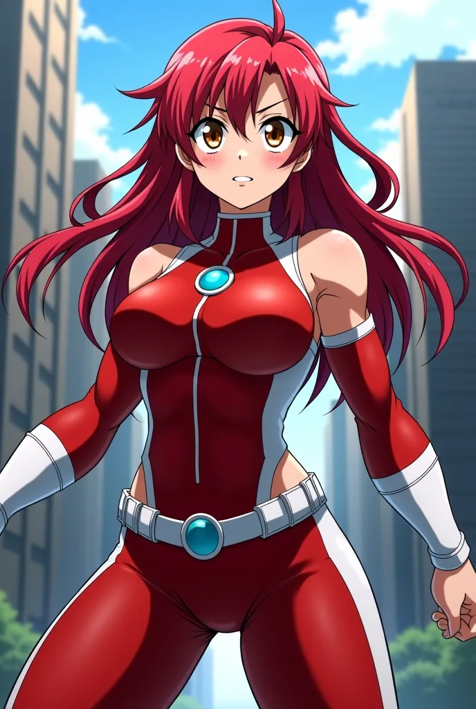 My Hero Academia Style , Anime girl, female, young female,muscular female,Full Body Shot,(fighting Pose:2),Long hair, Red Hair,  Brown Eyes,Hero Suit, Full Body Suit, red suit with white details,small round blue jewel in the center of the chest, perfect an...