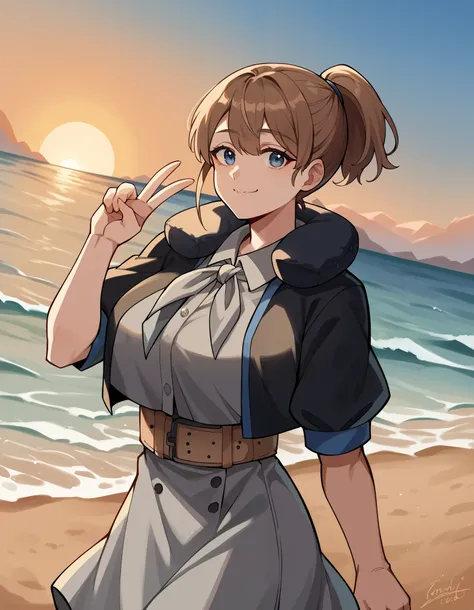  score_9,  score_8_up,  score_7_up,  source_anime, Brave, Blue Eyes,  short hair, brown eyes, ponytail,  o, big breasts,  hair tie , Black Jacket,   colored jacket , cropped jacket, grey dress, miniskirt, neck Pillow,  Open clothes, open jacket, Pillow, sh...