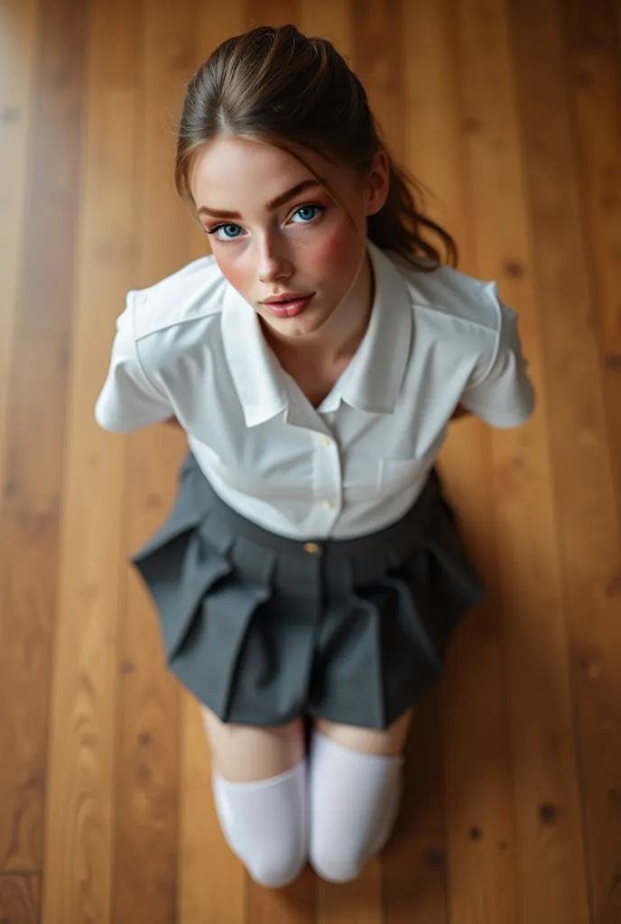 Realistic photo from above "of the photographer's own knees". Between her knees is a slender pretty Caucasian woman kneeling on the wooden floor and “looking at the camera”. She has light brown hair.,  ponytail . She is wearing an “unbuttoned tight white u...