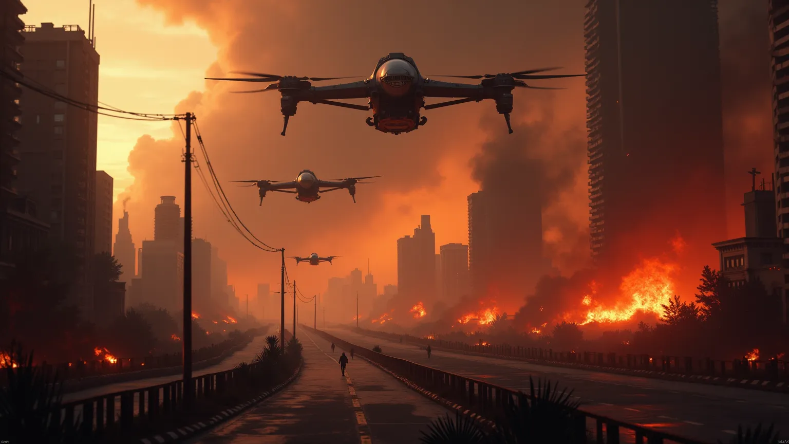 A divided world with global tensions, a futuristic city on fire as military drones patrol the sky.
