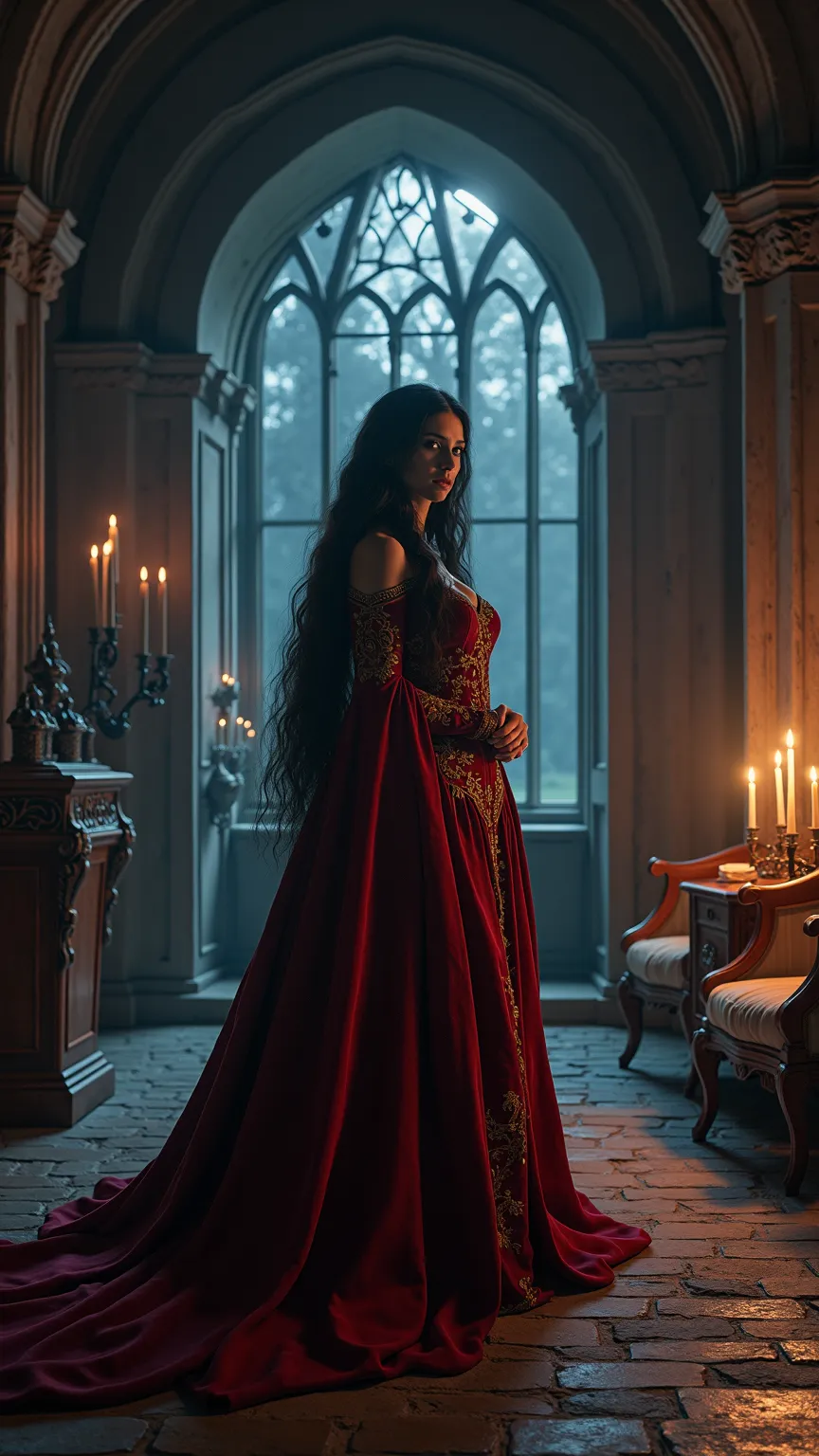 "A dark and eerie 17th-century Hungarian castle interior, dimly lit by flickering candlelight. A noblewoman with pale skin, piercing eyes, and long, flowing dark hair stands in an opulent crimson gown adorned with intricate embroidery. Her regal yet ominou...