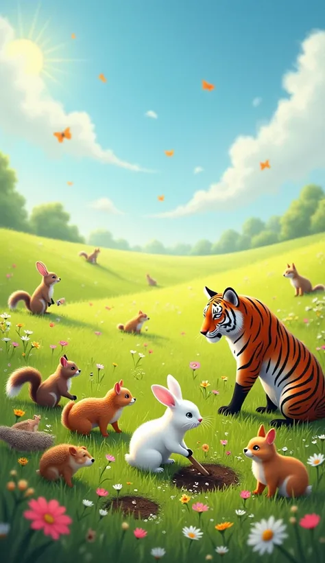 *"A heartwarming yet dramatic fantasy scene in a vast, sunlit field where a white rabbit, a brown-striped cat, squirrels, and hedgehogs are joyfully working together to create a beautiful flower garden. The rabbit, with its soft white fur, is carefully pla...