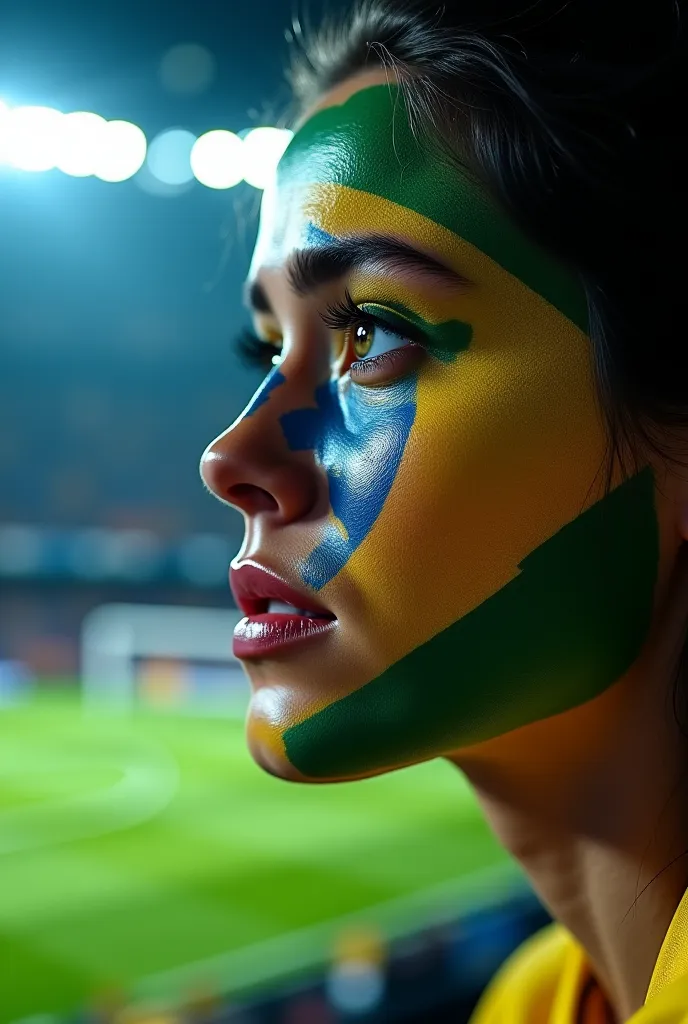 Here's a detailed prompt to generate an ultra realistic 8K image in the POV style with many colors, based on your image:

**Prompt:**  
An ultra realistic 8K POV style scene of an emotional woman watching a soccer game. Your face is partially painted with ...