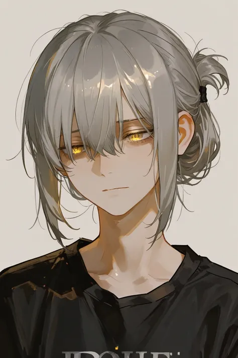  1 adult male, top quality , Thready hairstyle/hair,  shortcuts,  bangs between eyes, Grey Hair,  Close one eye ,  golden eyes, gentle color,  Blurred Background,  black shirt 