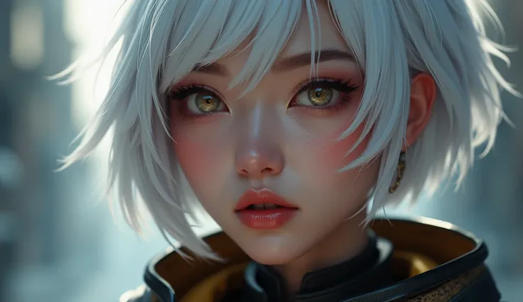 a close-up of a woman with short white hair, Korean, inspired by the character Jett from Valorant, trending on artstation, Valorant character, art style from Riot's Arcane movie