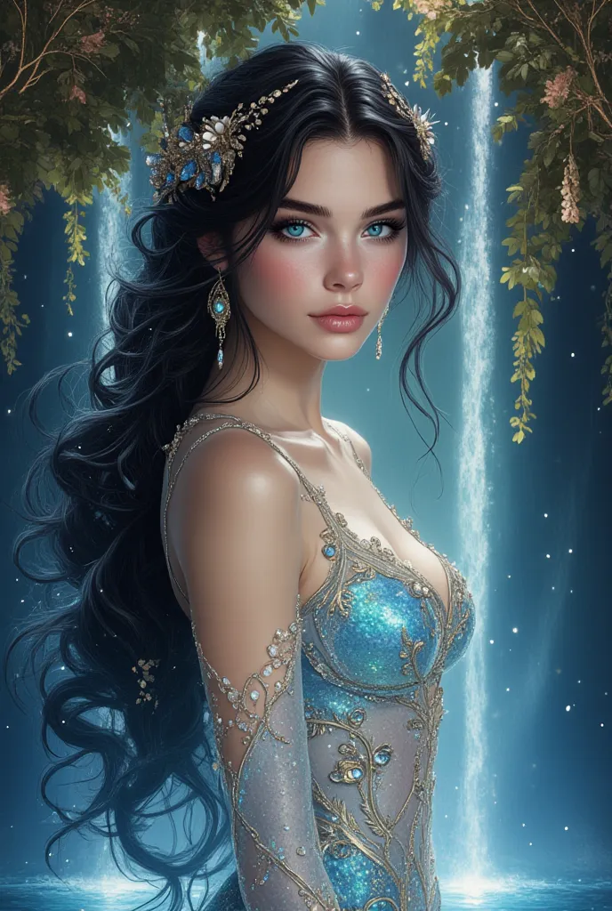 oil painting hyperrealistic fantasy, Beautiful 25-year-old Russian woman with Russian features, Very long and perfectly wavy jet black hair, sapphire blue eyes, shiny reddish lip gloss, white skin de porcelana como muñeca,  pink cheeks, A sky blue and turq...