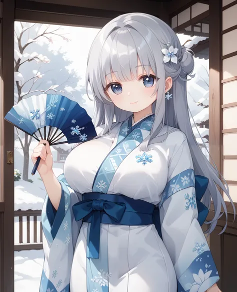 white retro modern kimono、 Snowflake decoration on kimono、long straight hair with gray hair、 hair down、white flower and snowflake hair ornament、Sister、Soft and fluffy、Gentle、cute、Big Breasts、holding a closed fan in hand、Let snow fall in the background