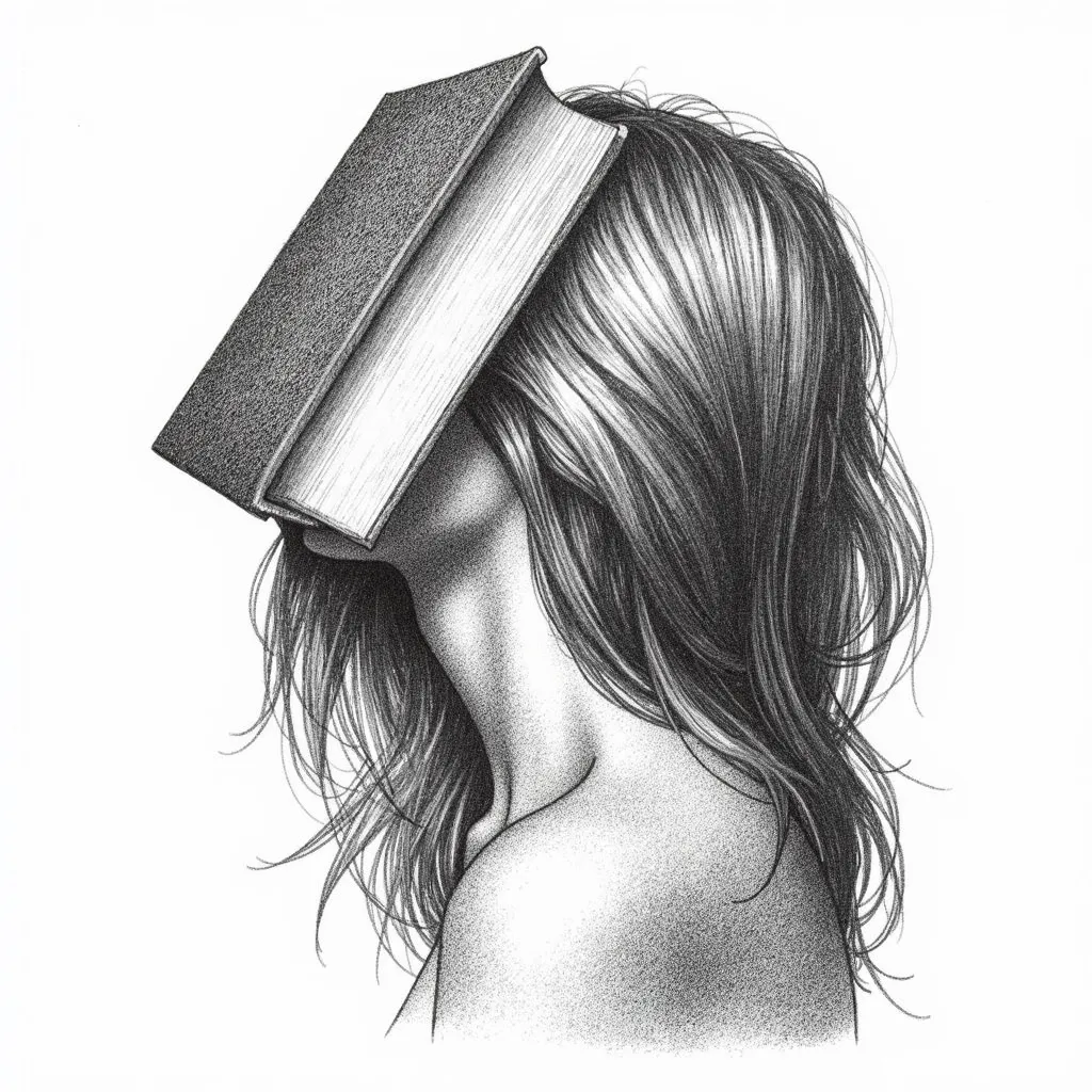 Imagine a serene pencil sketch of a girl with long, flowing hair, her body relaxed and at ease. A book rests on her face, its spine gently balanced on her forehead, with the pages cascading downwards, obscuring her features. Her hair seems to dance around ...