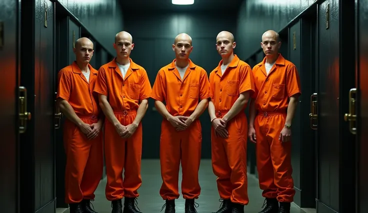 fullbody photo of five young bald inmates in bright orange prisonjumpsuits standig in a dark prisoncorridor, very different goodlooking unshaven faces aged 18 years, very different and very relaxed poses, surrounded by very heavy and dark prisonbars, all i...