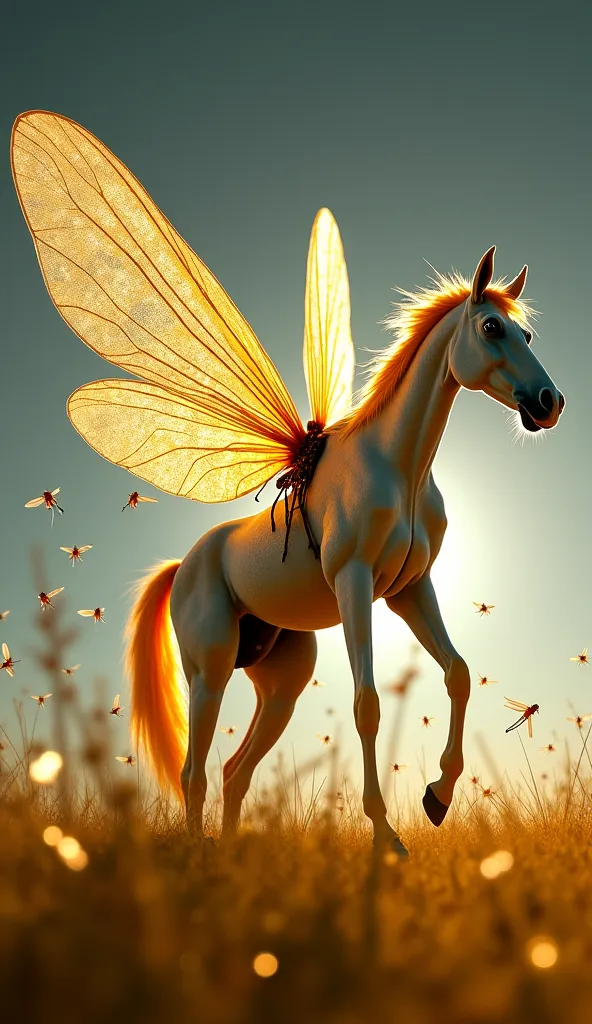 A surreal hybrid creature emerges—a horse with large, translucent dragonfly wings shimmering in the sunlight. Its eyes have transformed into multifaceted, glowing orbs, and its tail has become long and segmented like an insect’s. The horse’s legs are now t...