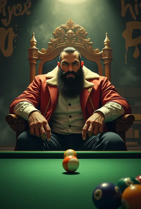 Create an image where WALLACE THE KING OF THE BALLS must have been written in Brazilian Portuguese in the image and the setting must be of billiards with on the king's throne