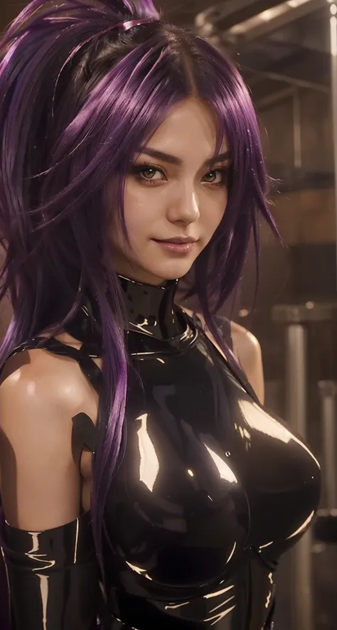 anime girl with purple hair and black latex posing for camera, youruicho, wearing shiny breastplate, sultry smirk, wearing dark purple armor, nefarious smirk, full body close-up shot, seductive anime girl, menacing look, sexy gaze, in the anime film, femal...