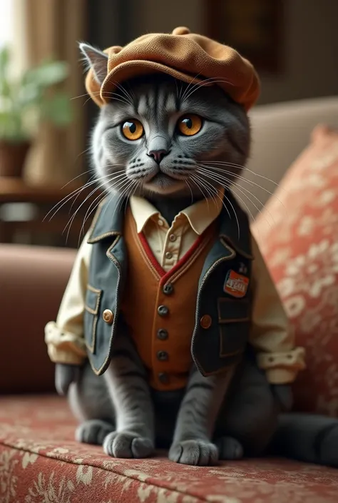 image rich in detail and ultra realistic quality of a gray cat in the living room , He wears clothes and cap, the color of the image is clear and sharp 