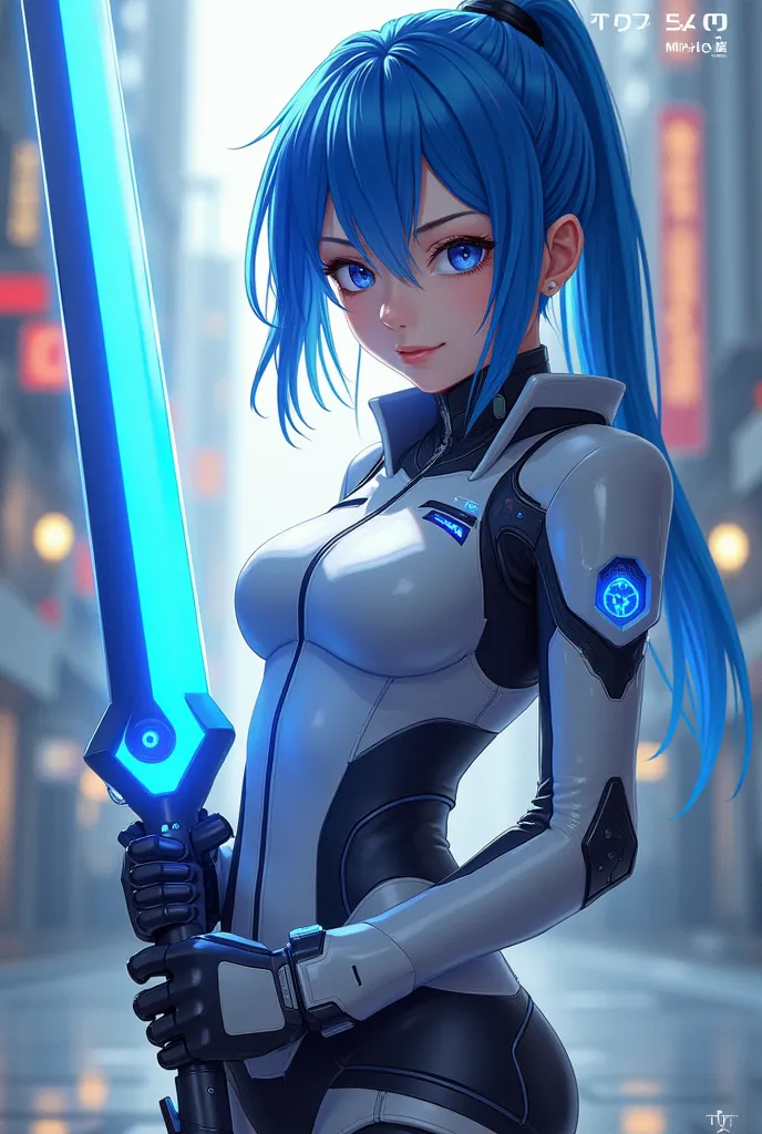 girl,anime ,  28 years old, blue hair, blue eyes, technological clothes white blue and black, blue sword with LEDs on the back , 