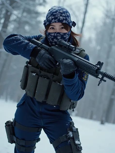 a girl, winter of aespa, Kpop, wearing a dark blue soldier suit, guerrilla fighter ,  Holding a Shotgun (dynamic pose), covering his face with a bandana, pretty, he would be, dynamic pose, flow looking at the spectator, Alta resolución, 