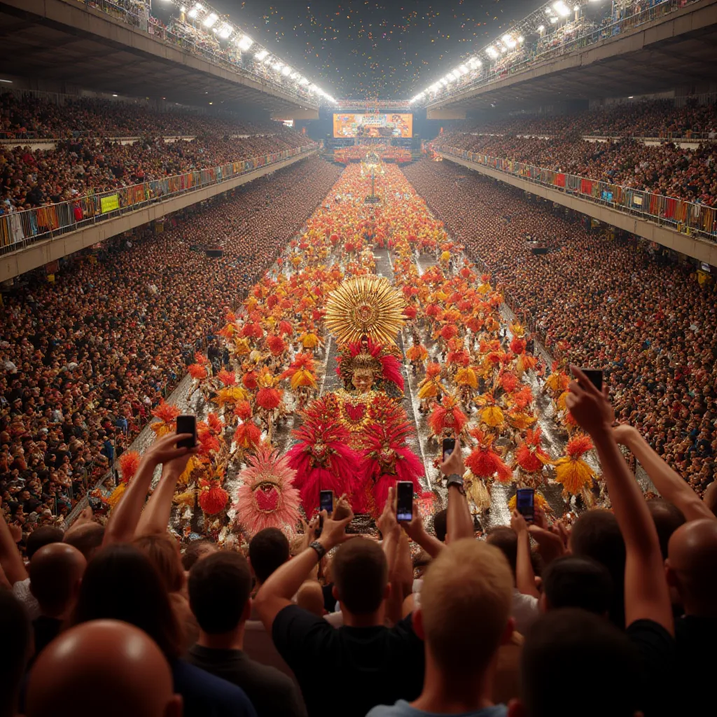 (masterpiece, photorealistic:1.4, extremely intricate:1.3, ultra resolution, hyper-realistic, 8K) A breathtaking view of the illuminated Sambódromo, where an extravagant samba school parades down the avenue. Feathers, sequins, and vibrant colors dominate t...