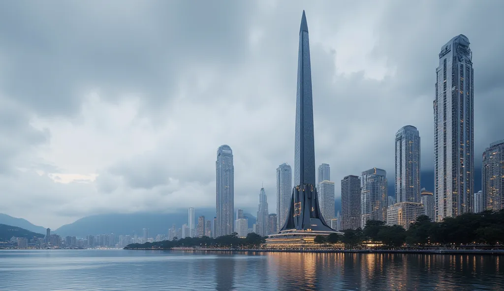 Obelisk and Lake Washington in the future, surrounded by futuristic skyscrapers.