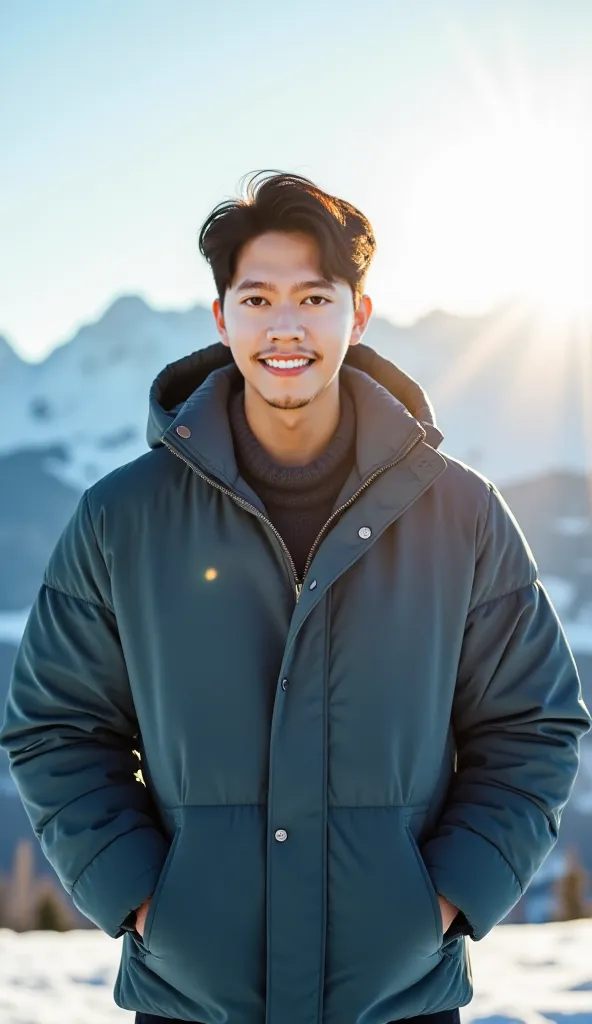 double exposure, cover photo of the film entitled "Friday Blessings". The cover shows a handsome Korean man trendy short hair, wearing puffer jacket,standing smiling slightly facing the camera. The background is a beautifull mountain at winter. The overall...