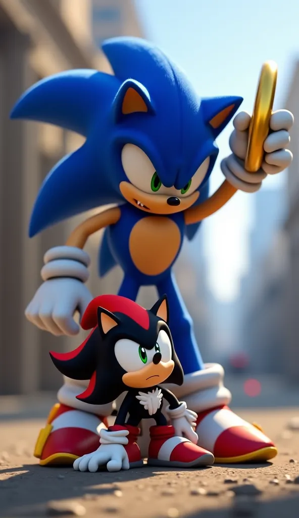 "A dynamic scene showing Shadow on the ground, looking surprised and defeated. Sonic is standing above him, holding the golden ring triumphantly in his hand. Sonic’s blue body is still blurred from the spin, and the background is slightly blurred to focus ...