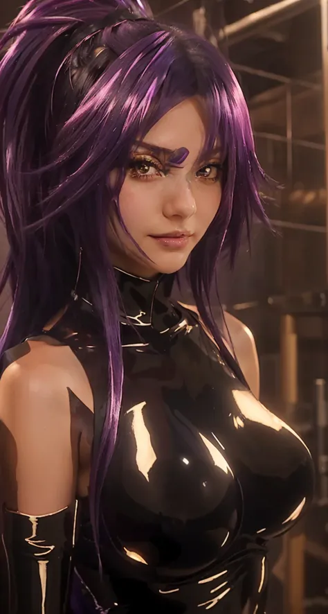 anime girl with purple hair and black latex posing for camera, youruicho, wearing shiny breastplate, sultry smirk, wearing dark purple armor, nefarious smirk, full body close-up shot, seductive anime girl, menacing look, sexy gaze, in the anime film, femal...