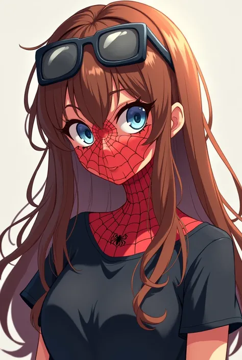 Create an anime girl with long brown hair with wide glasses above her head with a black t-shirt and the face of Spiderman and who smiles.