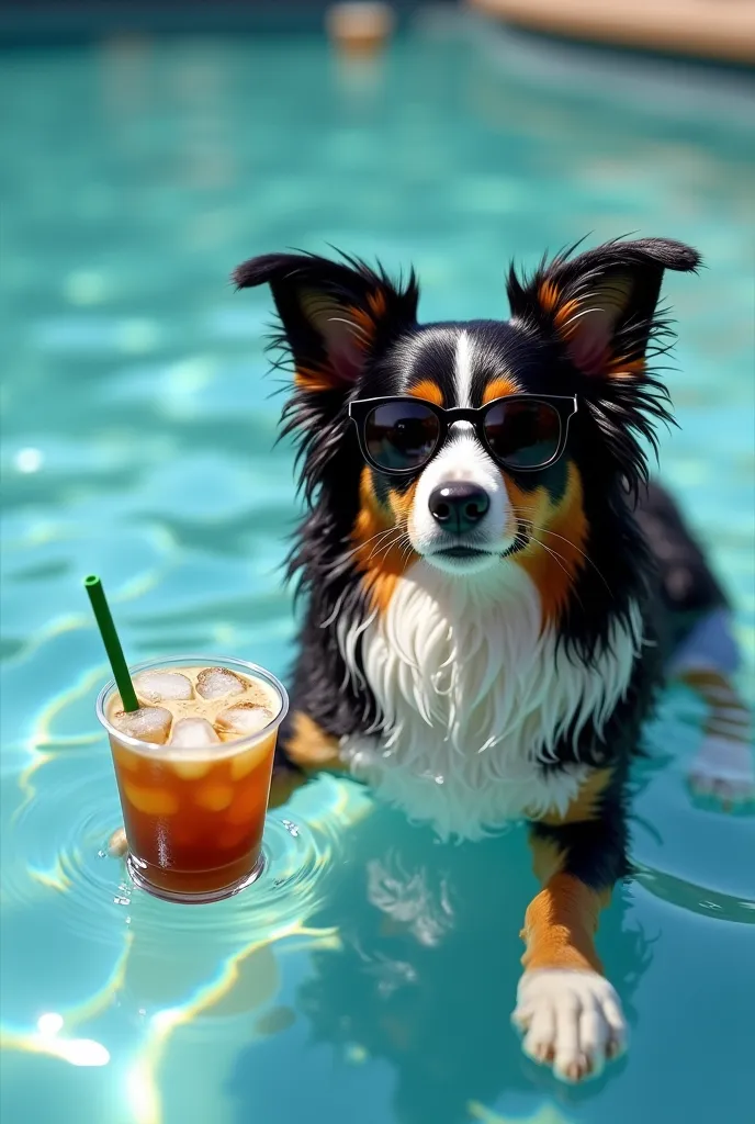 A relaxed, fluffy BORDER COLLIE DOG floating in a crystal-clear swimming pool, wearing stylish black sunglasses. The DOGAS  fur is wet and slightly wavy, reflecting the sunlight. Next to the cat, a cold iced coffee with a green straw floats on the water, a...