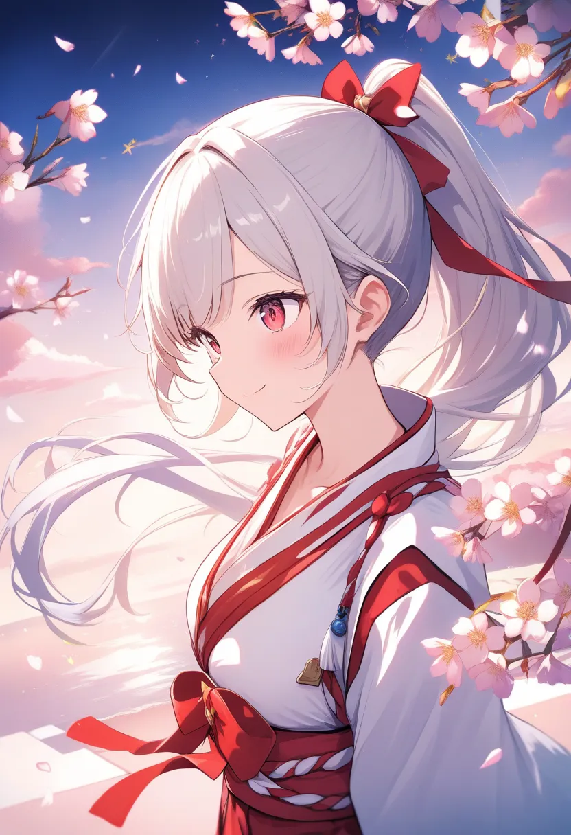 1 girl、 shrine maiden clothes、frill socks、low angle、is embarrassing、cross race legwear、masterpiece、Best Quality、 Silver Hair、Scarlet Eyes、moderately developed breasts、 Beautiful Flower Garden Scenery、Pretty Girl、ponytail、smile、 (masterpiece), ( Best Qualit...