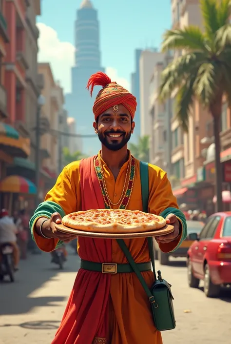 Now an Indian person wearing a Glovo hat delivering pizza