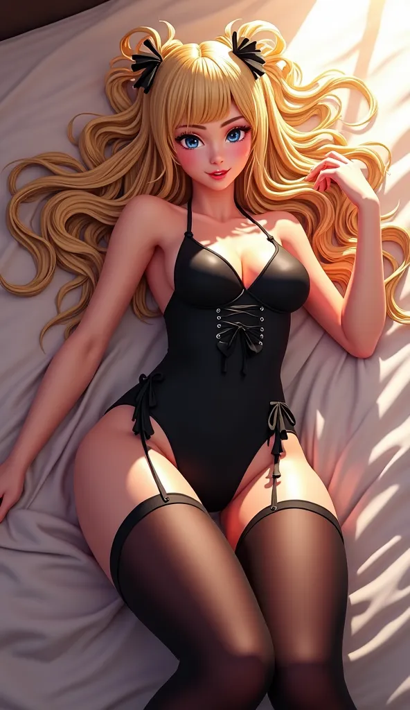 #Black tight china dress #Stockings #Blond #2. 5d #female #Anime style #masterpiece #Best quality #hyper-detailed #full body #high heels #laying in bed #laying on back #front view #seductive #seductive pose #ager #beautiful #sexy #medium breasts #medium as...